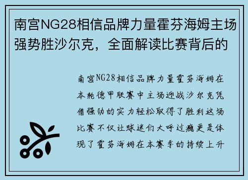 南宫NG28相信品牌力量霍芬海姆主场强势胜沙尔克，全面解读比赛背后的实力 - 副本