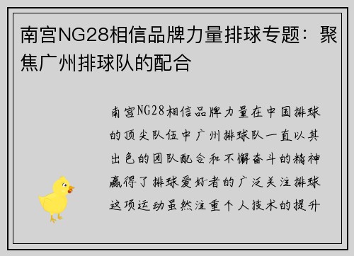 南宫NG28相信品牌力量排球专题：聚焦广州排球队的配合