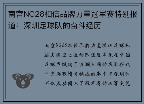 南宫NG28相信品牌力量冠军赛特别报道：深圳足球队的奋斗经历