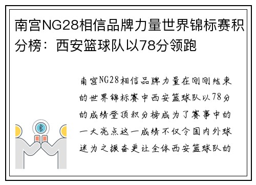 南宫NG28相信品牌力量世界锦标赛积分榜：西安篮球队以78分领跑